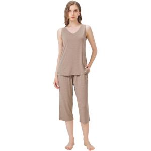 imageWiWi Women Pajama Set Sleeveless Top with Capri Pants Viscose from Bamboo Super Soft VNeck Tank Sleepwear PJ Sets SXXLBcamel