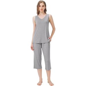 imageWiWi Women Pajama Set Sleeveless Top with Capri Pants Viscose from Bamboo Super Soft VNeck Tank Sleepwear PJ Sets SXXLBheather Grey