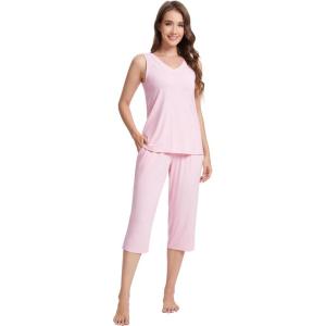 imageWiWi Women Pajama Set Sleeveless Top with Capri Pants Viscose from Bamboo Super Soft VNeck Tank Sleepwear PJ Sets SXXLBpink