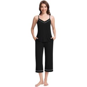 imageWiWi Womens Cami Pajama Sets 2 Piece Camisole Top Capri Pants Sleepwear Soft Lingerie Bamboo Viscose PJs SXXLAblack