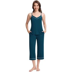 imageWiWi Womens Cami Pajama Sets 2 Piece Camisole Top Capri Pants Sleepwear Soft Lingerie Bamboo Viscose PJs SXXLApeacock Blue