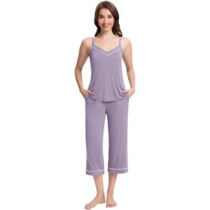imageWiWi Womens Cami Pajama Sets 2 Piece Camisole Top Capri Pants Sleepwear Soft Lingerie Bamboo Viscose PJs SXXLAviolet