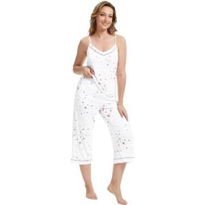 imageWiWi Womens Cami Pajama Sets 2 Piece Camisole Top Capri Pants Sleepwear Soft Lingerie Bamboo Viscose PJs SXXLAwhite Stars