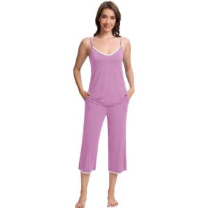 imageWiWi Womens Cami Pajama Sets 2 Piece Camisole Top Capri Pants Sleepwear Soft Lingerie Bamboo Viscose PJs SXXLBdusty Lavender