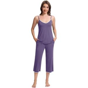 imageWiWi Womens Cami Pajama Sets 2 Piece Camisole Top Capri Pants Sleepwear Soft Lingerie Bamboo Viscose PJs SXXLBlavender