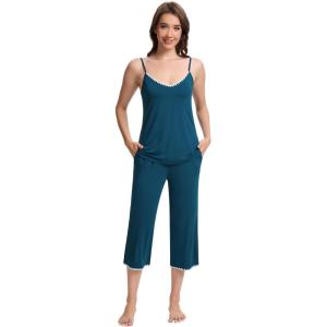 imageWiWi Womens Cami Pajama Sets 2 Piece Camisole Top Capri Pants Sleepwear Soft Lingerie Bamboo Viscose PJs SXXLBpeacock Blue