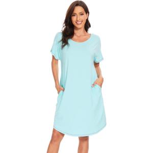 imageWiWi Womens Viscose from Bamboo Nightgowns Soft Short Sleeve Sleep Shirt Lightweight Cool Nightshirt Pajama Dress SXXLAaqua