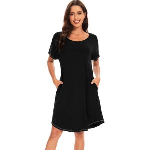 imageWiWi Womens Viscose from Bamboo Nightgowns Soft Short Sleeve Sleep Shirt Lightweight Cool Nightshirt Pajama Dress SXXLAblack