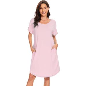imageWiWi Womens Viscose from Bamboo Nightgowns Soft Short Sleeve Sleep Shirt Lightweight Cool Nightshirt Pajama Dress SXXLApink