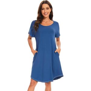 imageWiWi Womens Viscose from Bamboo Nightgowns Soft Short Sleeve Sleep Shirt Lightweight Cool Nightshirt Pajama Dress SXXLAprussian Blue