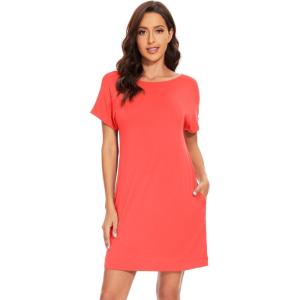 imageWiWi Womens Viscose from Bamboo Nightgowns Soft Short Sleeve Sleep Shirt Lightweight Cool Nightshirt Pajama Dress SXXLBcoral