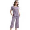 imageWiWi 3 PCS Pajamas for Women Set Short Sleeve Pajama Sets Capri and Shorts Pj Sets Soft Bamboo from Viscose Sleepwear SXXLViolet
