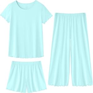 imageWiWi 3 PCS Pajamas for Women Set Short Sleeve Pajama Sets Capri and Shorts Pj Sets Soft Bamboo from Viscose Sleepwear SXXLAqua