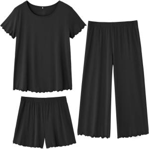 imageWiWi 3 PCS Pajamas for Women Set Short Sleeve Pajama Sets Capri and Shorts Pj Sets Soft Bamboo from Viscose Sleepwear SXXLBlack