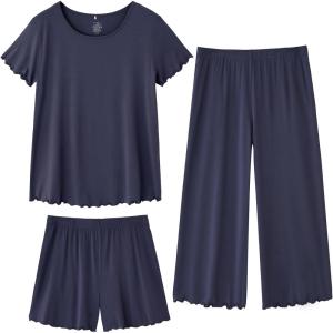 imageWiWi 3 PCS Pajamas for Women Set Short Sleeve Pajama Sets Capri and Shorts Pj Sets Soft Bamboo from Viscose Sleepwear SXXLNavy