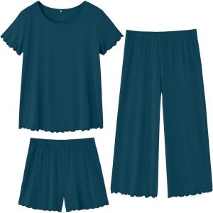 imageWiWi 3 PCS Pajamas for Women Set Short Sleeve Pajama Sets Capri and Shorts Pj Sets Soft Bamboo from Viscose Sleepwear SXXLPeacock Blue