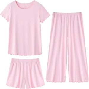 imageWiWi 3 PCS Pajamas for Women Set Short Sleeve Pajama Sets Capri and Shorts Pj Sets Soft Bamboo from Viscose Sleepwear SXXLPink