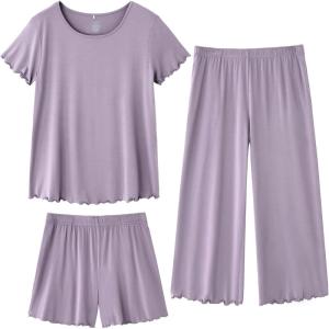 imageWiWi 3 PCS Pajamas for Women Set Short Sleeve Pajama Sets Capri and Shorts Pj Sets Soft Bamboo from Viscose Sleepwear SXXLViolet