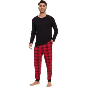 imageWiWi Crew Neck Mens Pajamas Set Viscose from Bamboo Lightweight Sleepwear Long Sleeve Sleep Shirt and Long Pants SXXLBlackred Plaid