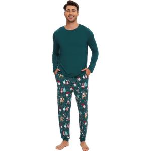 imageWiWi Crew Neck Mens Pajamas Set Viscose from Bamboo Lightweight Sleepwear Long Sleeve Sleep Shirt and Long Pants SXXLDark Greenchristmas Elk on Green