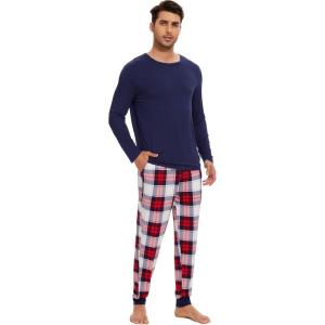 imageWiWi Crew Neck Mens Pajamas Set Viscose from Bamboo Lightweight Sleepwear Long Sleeve Sleep Shirt and Long Pants SXXLNavynavyRed Plaid