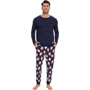 imageWiWi Crew Neck Mens Pajamas Set Viscose from Bamboo Lightweight Sleepwear Long Sleeve Sleep Shirt and Long Pants SXXLNavysanta Claus on Navy