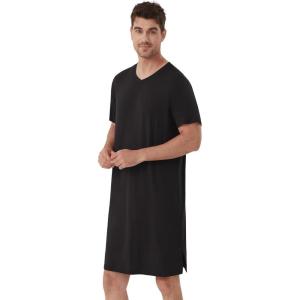 imageWiWi Mens Nightshirt ShortSleeve Nightgown Viscose from Bamboo Soft Loose VNeck Sleepwear Nightwear Sleepshirt Gowns SXXLBlack