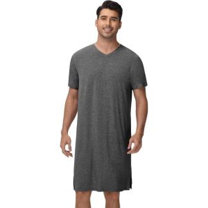 imageWiWi Mens Nightshirt ShortSleeve Nightgown Viscose from Bamboo Soft Loose VNeck Sleepwear Nightwear Sleepshirt Gowns SXXLCharcoal Heather
