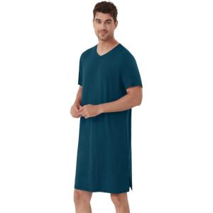imageWiWi Mens Nightshirt ShortSleeve Nightgown Viscose from Bamboo Soft Loose VNeck Sleepwear Nightwear Sleepshirt Gowns SXXLPeacock Blue
