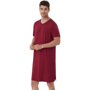 imageWiWi Mens Nightshirt ShortSleeve Nightgown Viscose from Bamboo Soft Loose VNeck Sleepwear Nightwear Sleepshirt Gowns SXXLWine