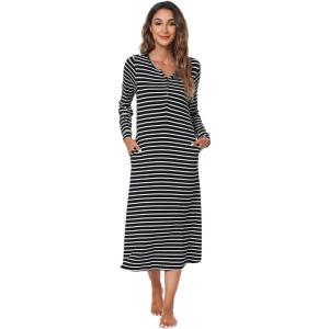 imageWiWi Nightgowns for Women Soft Sleepwear Long Sleeve Nightshirts Pajamas Gown Viscose from Bamboo Pjs SXXLBlack White Stripe