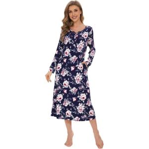 imageWiWi Nightgowns for Women Soft Sleepwear Long Sleeve Nightshirts Pajamas Gown Viscose from Bamboo Pjs SXXLNavyPeony