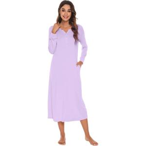 imageWiWi Nightgowns for Women Soft Sleepwear Long Sleeve Nightshirts Pajamas Gown Viscose from Bamboo Pjs SXXLTaro Purple