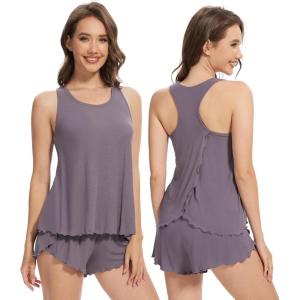imageWiWi Pajama Set for Women Sexy Sleeveless Tops with Shorts Viscose from Bamboo Soft Ribbed Fabric Racerback Sleepwear SXXLDark Purplish Grey