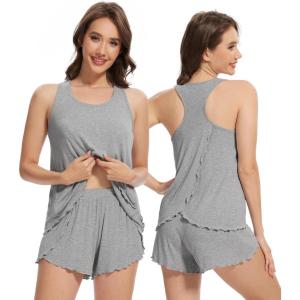 imageWiWi Pajama Set for Women Sexy Sleeveless Tops with Shorts Viscose from Bamboo Soft Ribbed Fabric Racerback Sleepwear SXXLHeather Grey