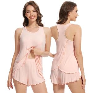 imageWiWi Pajama Set for Women Sexy Sleeveless Tops with Shorts Viscose from Bamboo Soft Ribbed Fabric Racerback Sleepwear SXXLPale Pink