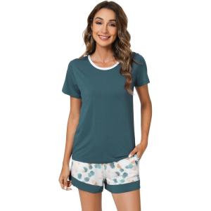imageWiWi Pajamas Set for Women Cooling Short Sleeve Sleepwear Soft Knit Shorts Pjs Sets Viscose from Bamboo SXXLAgreen