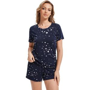 imageWiWi Pajamas Set for Women Cooling Short Sleeve Sleepwear Soft Knit Shorts Pjs Sets Viscose from Bamboo SXXLAnavy Stars