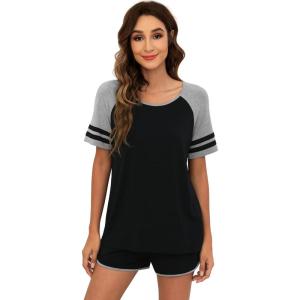 imageWiWi Pajamas Set for Women Cooling Short Sleeve Sleepwear Soft Knit Shorts Pjs Sets Viscose from Bamboo SXXLBblack