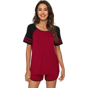 imageWiWi Pajamas Set for Women Cooling Short Sleeve Sleepwear Soft Knit Shorts Pjs Sets Viscose from Bamboo SXXLBwine Red