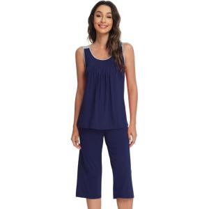 imageWiWi Pajamas Set for Women Sleeveless Tank Tops Capri Pants Pjs Sets Sleepwear Lightweight Loungewear SXXLNavy