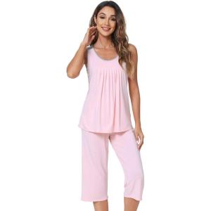 imageWiWi Pajamas Set for Women Sleeveless Tank Tops Capri Pants Pjs Sets Sleepwear Lightweight Loungewear SXXLPink