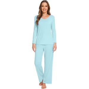imageWiWi Pajamas Sets for Women Soft Long Sleeve Tops and Pants Sleepwear Ladies Pjs Viscose from Bamboo Pj SXXLAaqua Sky