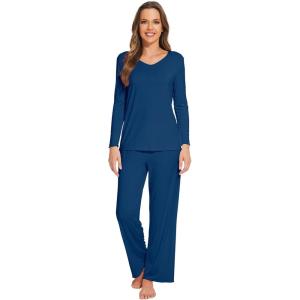 imageWiWi Pajamas Sets for Women Soft Long Sleeve Tops and Pants Sleepwear Ladies Pjs Viscose from Bamboo Pj SXXLAink Blue