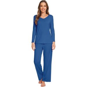 imageWiWi Pajamas Sets for Women Soft Long Sleeve Tops and Pants Sleepwear Ladies Pjs Viscose from Bamboo Pj SXXLAprussian Blue