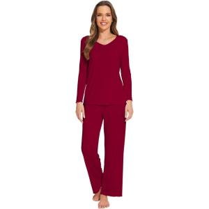 imageWiWi Pajamas Sets for Women Soft Long Sleeve Tops and Pants Sleepwear Ladies Pjs Viscose from Bamboo Pj SXXLAwine Red
