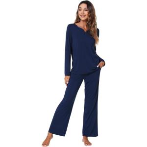 imageWiWi Pajamas Sets for Women Soft Long Sleeve Tops and Pants Sleepwear Ladies Pjs Viscose from Bamboo Pj SXXLBnavy