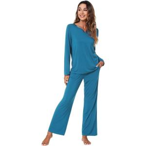 imageWiWi Pajamas Sets for Women Soft Long Sleeve Tops and Pants Sleepwear Ladies Pjs Viscose from Bamboo Pj SXXLBteal Blue