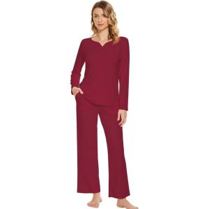 imageWiWi Pajamas Sets for Women Soft Long Sleeve Tops and Pants Sleepwear Ladies Pjs Viscose from Bamboo Pj SXXLBwine Red