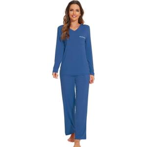 imageWiWi Pajamas Sets for Women Soft Long Sleeve Tops and Pants Sleepwear Ladies Pjs Viscose from Bamboo Pj SXXLCprussian Blue